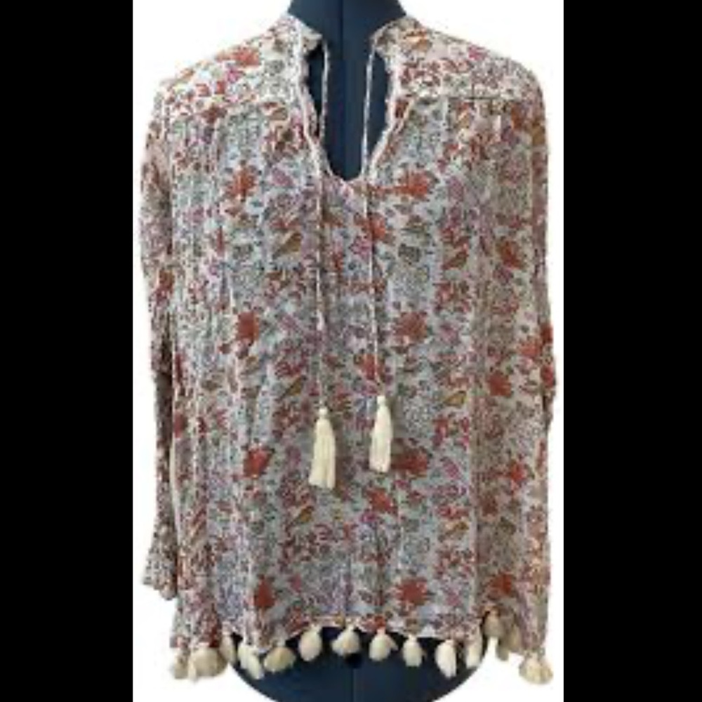 Roberta Roller Rabbit Floral Butterfly Bird Print Multicolor Tasseled Tunic Top